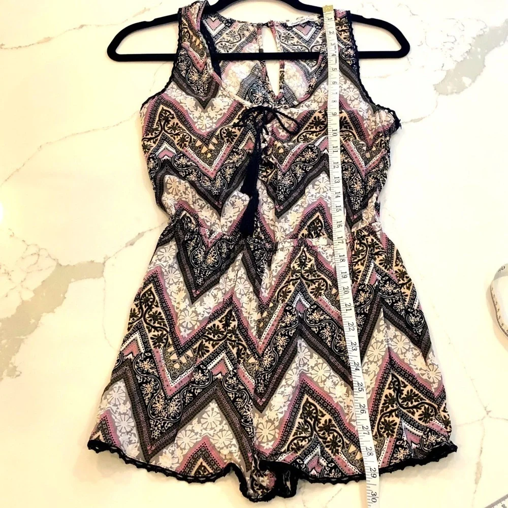 Charlotte Russe Sleeveless Romper Shorts S Dark Floral Boho Fairy Chevron Tassel